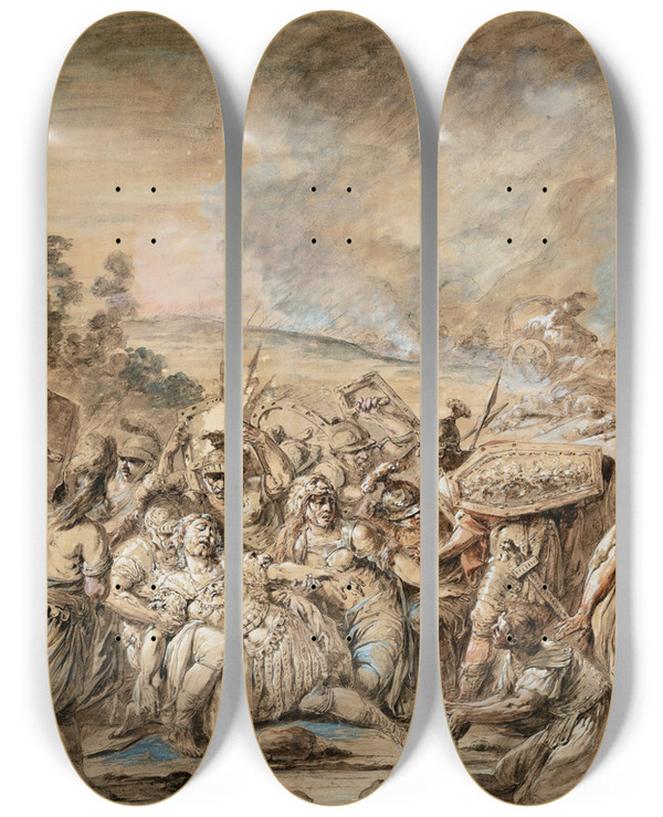 Triptych art skateboard deck of Jacques Gamelin Hectors Body Woundedby Ajaxis Brought To The Zanthe River by Jacques Gamelin (1738-1803)