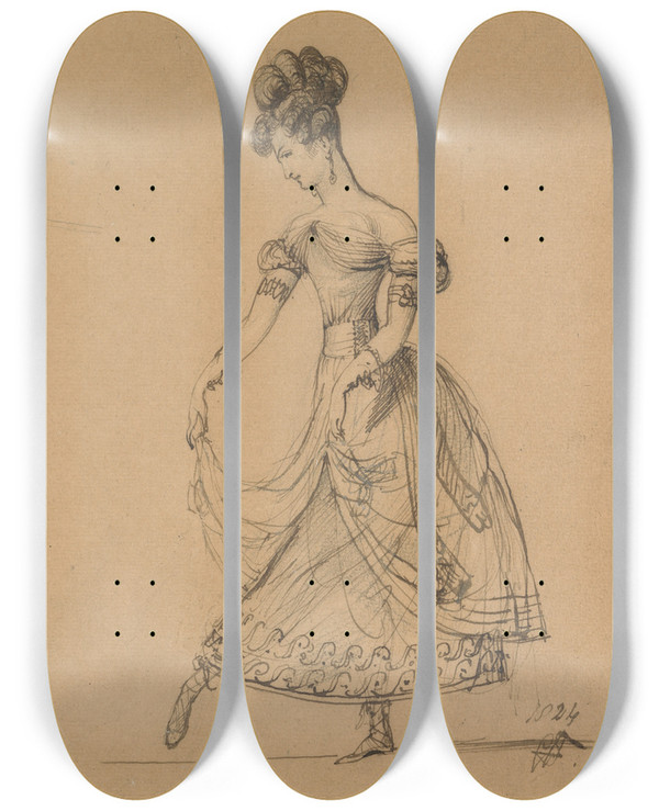 Triptych art skateboard deck of Sir George Hayter A Minuet by Sir George Hayter (1792-1871)