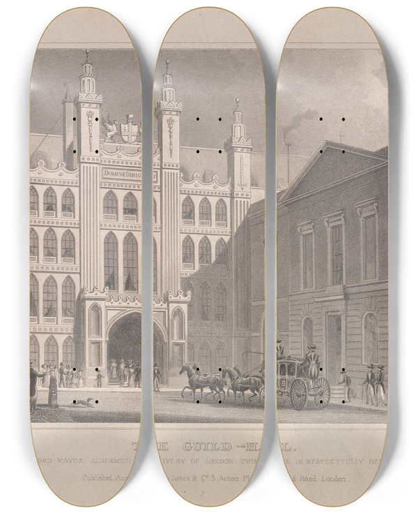Triptych art skateboard deck of Robert Acon The Guildhall by Robert Acon
