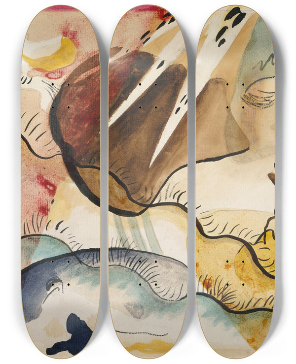 Triptych art skateboard deck of Wassily Kandinsky Rain Landscape by Wassily Kandinsky (1866-1944)