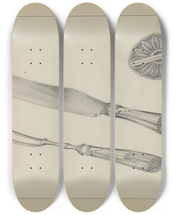 Triptych art skateboard deck of A Zimet Silver Knife And Fork by A Zimet