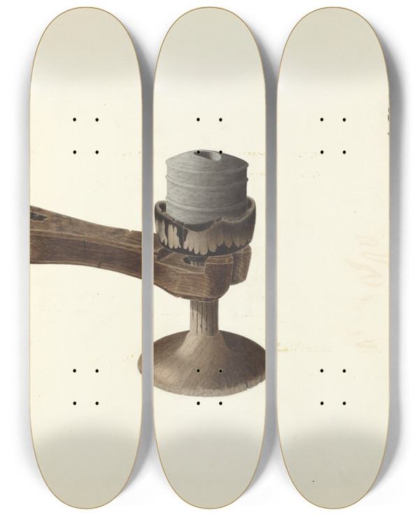 Triptych art skateboard deck of Carol Larson Zoar Floor Lighting Device by Carol Larson