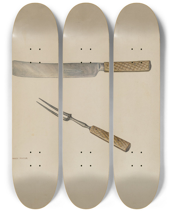 Triptych art skateboard deck of Stanley Mazur Knife And Fork by Stanley Mazur