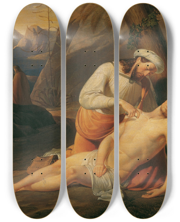 Triptych art skateboard deck of Erasmus Von Engert Der Barmherzige Samariter by Erasmus Von Engert (1796-1871)
