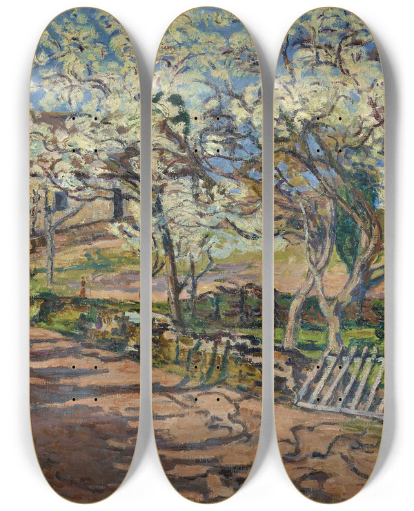 Triptych art skateboard deck of Armand Guillaumin Paysage De Printemps by Armand Guillaumin (1841-1927)