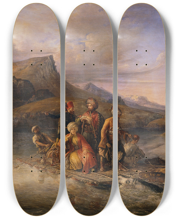 Triptych art skateboard deck of August Theodor Schfft Berfahrt Ber Den Tigris by August Theodor Schofft (1809-1888)