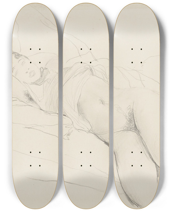 Triptych art skateboard deck of Giovanni Boldini Reclining Nude by Giovanni Boldini (1842-1931)