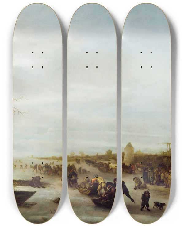 Triptych art skateboard deck of Isaac Van Ostade A Winter Scene by Isaac Van Ostade (1621-1649)