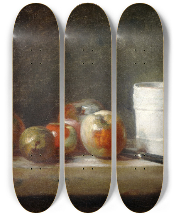 Triptych art skateboard deck of Jean Simon Chardin Still Life With A White Mug by Jean Simeon Chardin (1699-1779)
