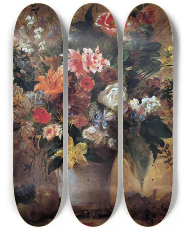 Triptych art skateboard deck of Eugne Delacroix Blumenstillleben by Eugene Delacroix (1798-1863)