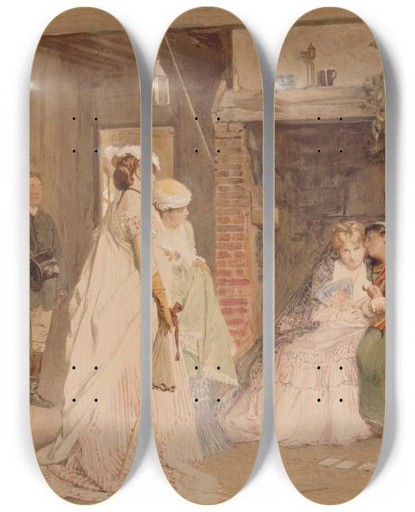 Triptych art skateboard deck of Charles Baugniet The Card Reader by Charles Baugniet (1814-1886)