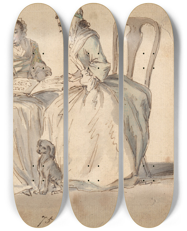 Triptych art skateboard deck of Louis Philippe Boitard Three Seated Ladies by Louis Philippe Boitard (1734-1760)
