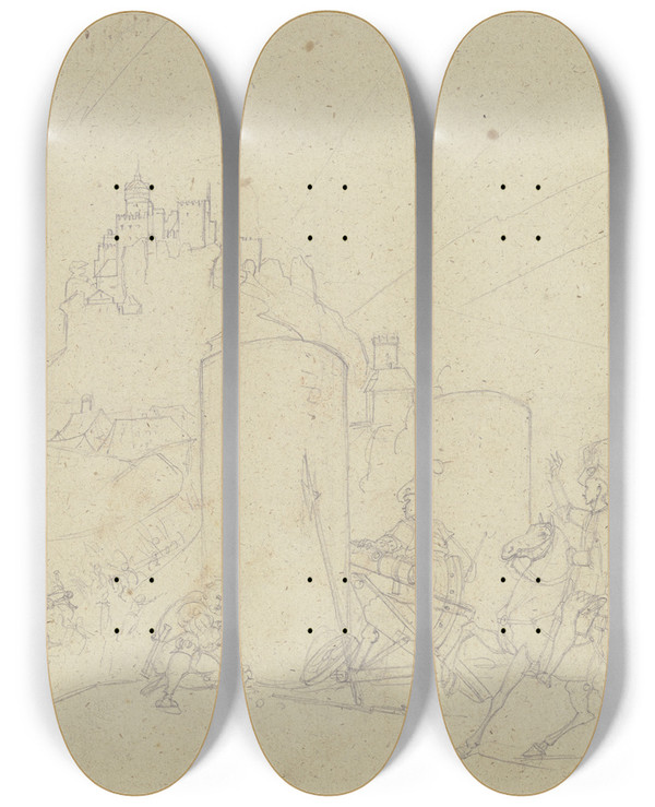 Triptych art skateboard deck of Franz Pforr Siege Of A Castle by Franz Pforr (1788-1812)