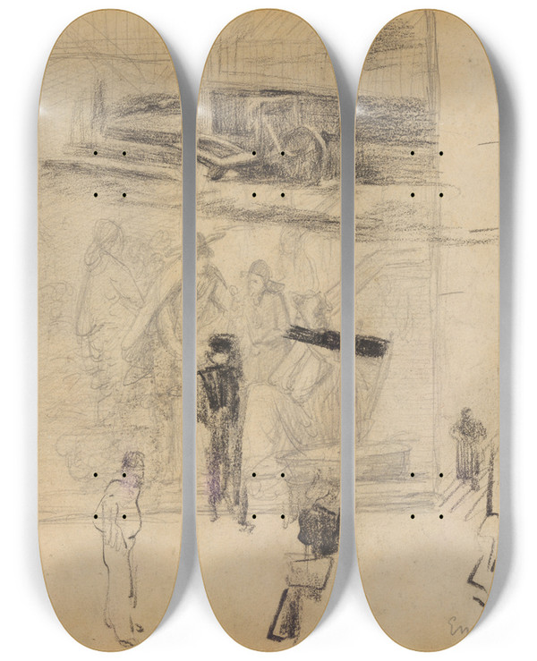 Triptych art skateboard deck of James Ensor Kruiwagen Figuren En Schets by James Ensor (1860-1949)