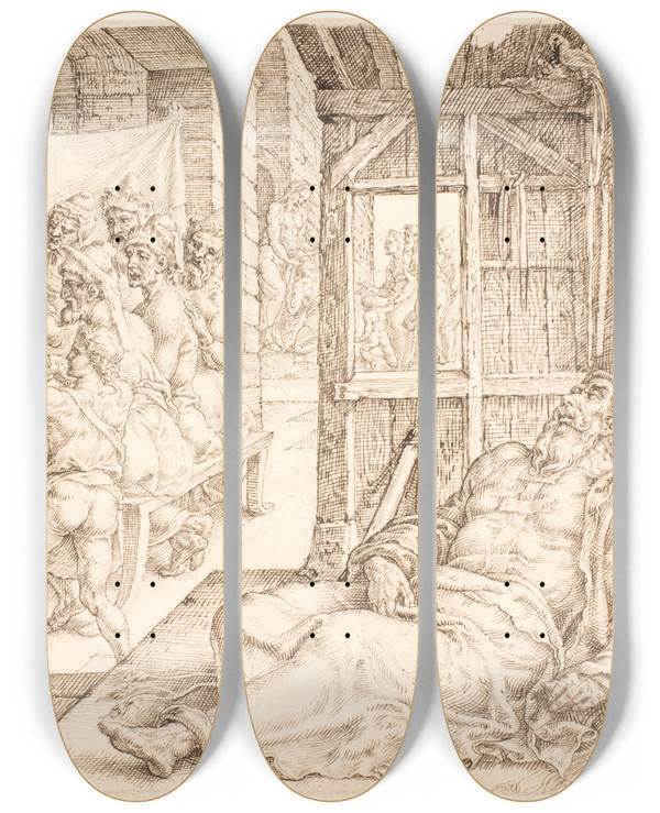 Triptych art skateboard deck of Maarten Van Heemskerck Tobits Blindhed by Maarten Van Heemskerck (1498-1574)