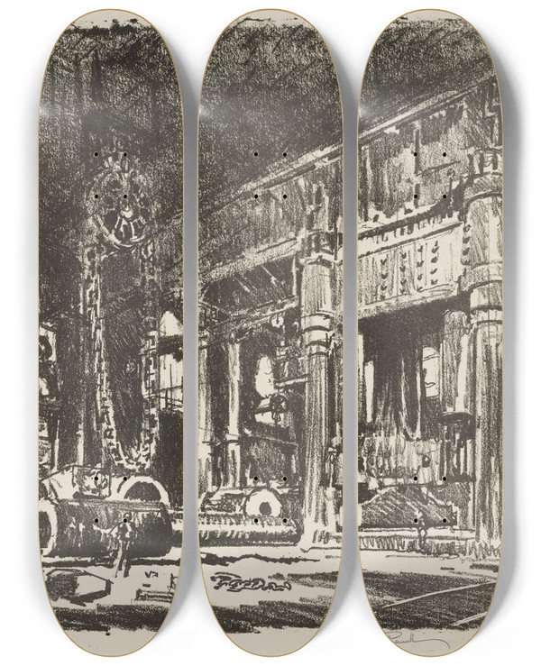 Triptych art skateboard deck of Joseph Pennell The Gun Forge by Joseph Pennell (1857-1926)