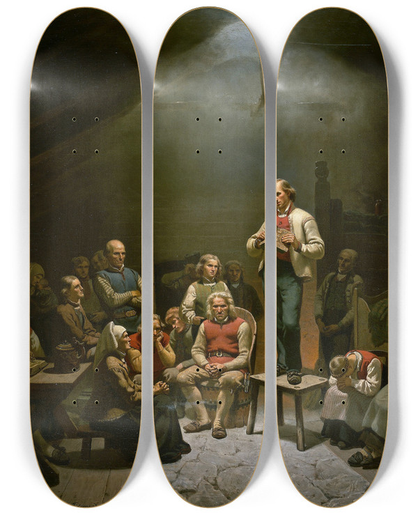 Triptych art skateboard deck of Adolph Tidemand Low Church Devotion by Adolph Tidemand (1814-1876)