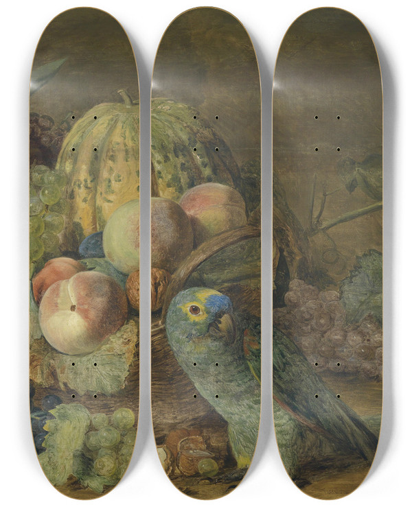 Triptych art skateboard deck of Ferdinand Georg Waldmller Frchtestillleben Mit Papagei by Ferdinand Georg Waldmuller (1793-1865)