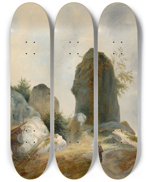 Triptych art skateboard deck of Carl Blechen A Rocky Landscape With A Hermit by Carl Blechen (1798-1840)