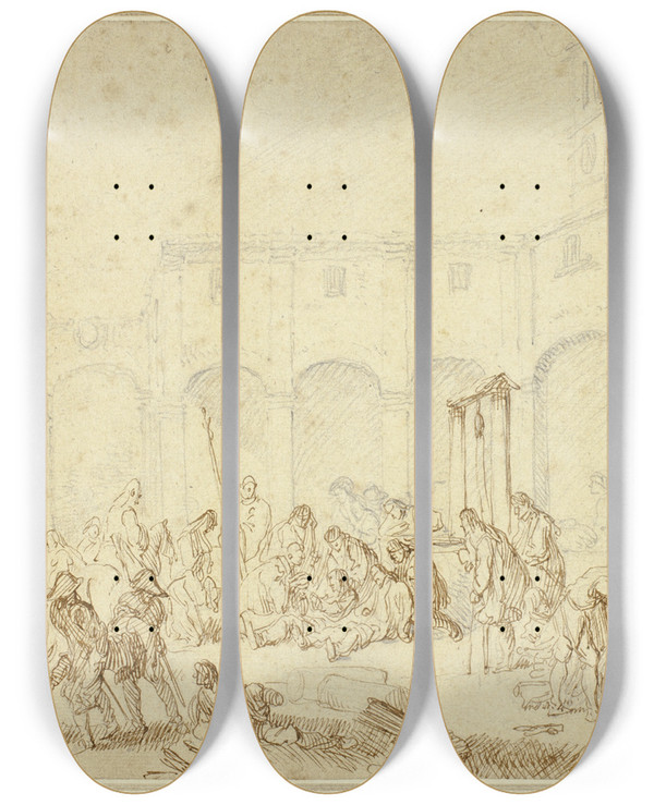 Triptych art skateboard deck of Cornelis De Wael Wounded Soldiers In A Courtyard On Town Square by Cornelis De Wael (1592-1667)