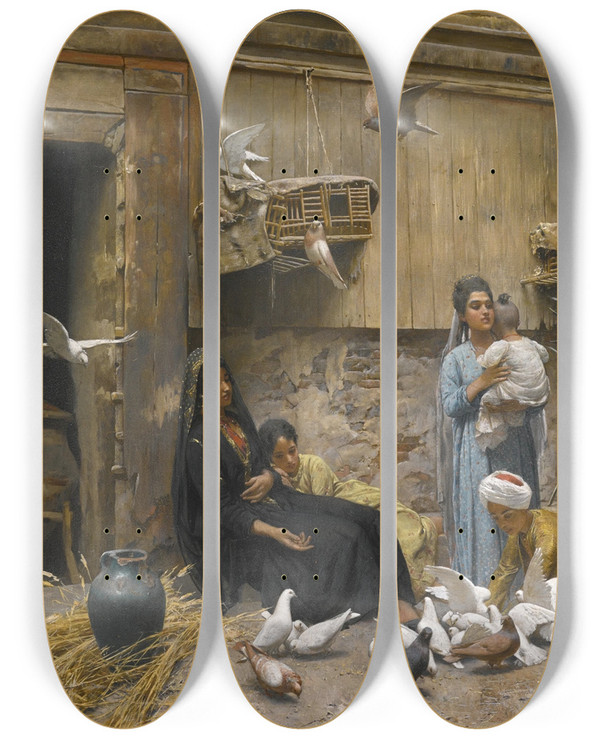 Triptych art skateboard deck of Rudolf Swoboda A Cairene Courtyard by Rudolf Swoboda (1859-1914)