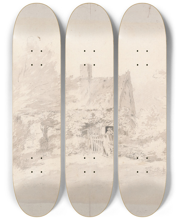 Triptych art skateboard deck of John Constable Cottage Among Trees by John Constable (1776-1837)