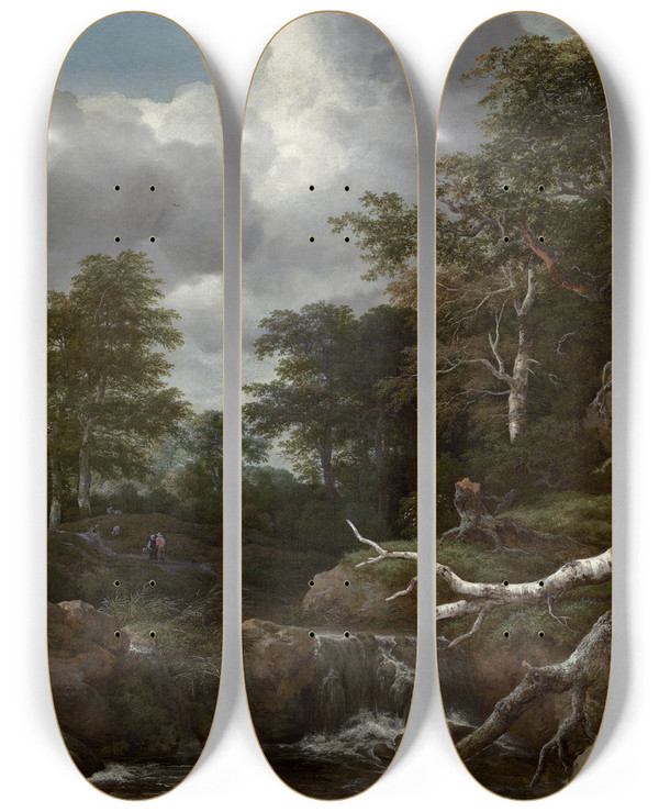 Triptych art skateboard deck of Jacob Van Ruisdael Forest Scene_2 by Jacob Van Ruisdael (1628-1682)