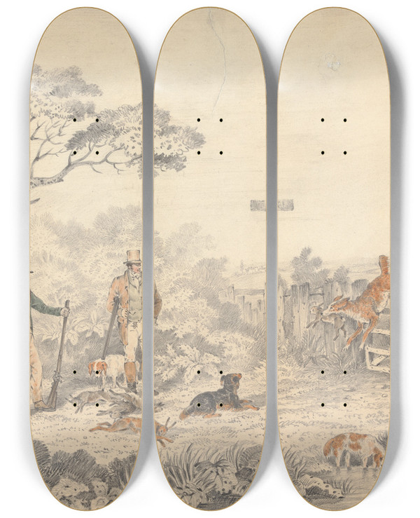 Triptych art skateboard deck of Edwin Gill Retrieving A Rabbit by Edwin Gill