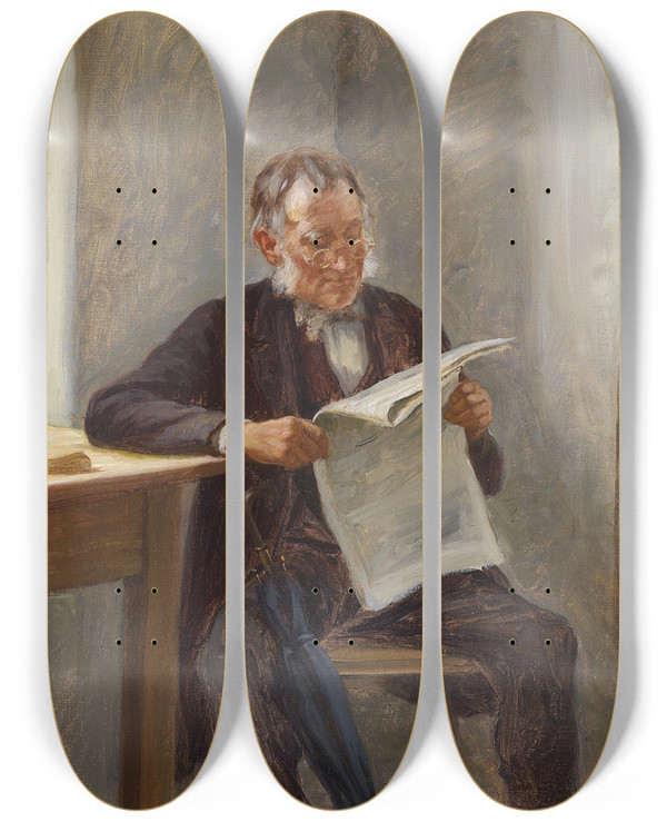 Triptych art skateboard deck of Carl Zewy Der Zeitungsleser by Carl Zewy (1855-1929)