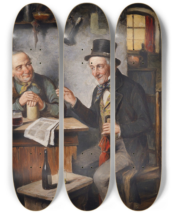 Triptych art skateboard deck of Carl Ostersetzer Der Spassvogel by Carl Ostersetzer (1850-1914)