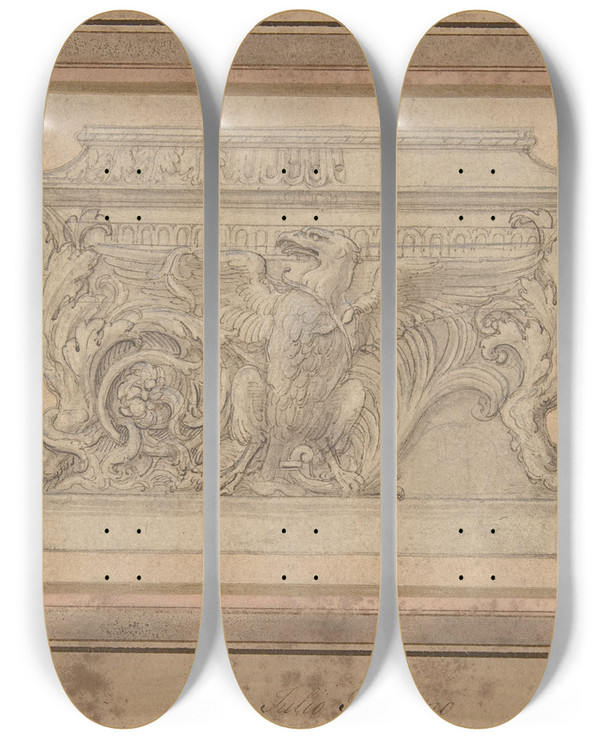 Triptych art skateboard deck of Giulio Romano Design For A Casket With The Gonzaga Eagle by Giulio Romano (1492-1546)