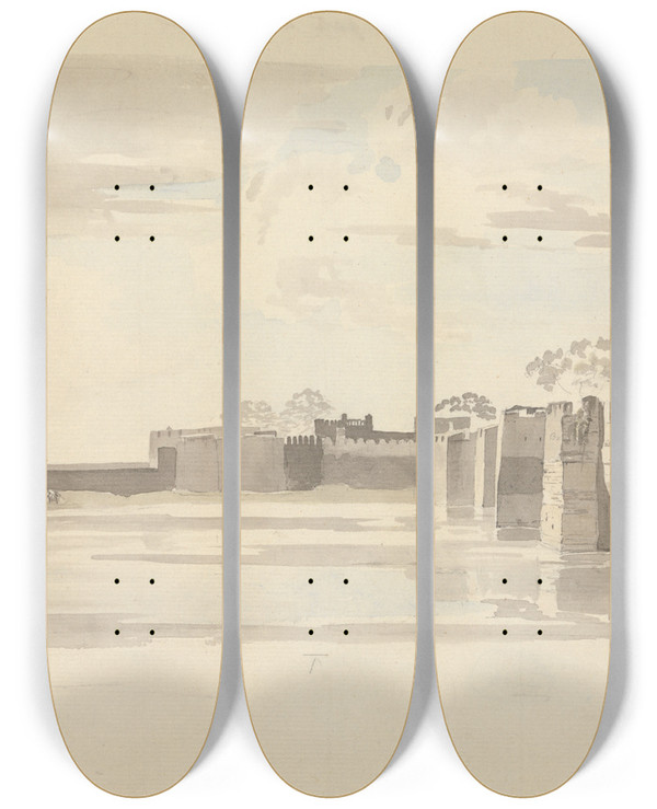 Triptych art skateboard deck of Samuel Davis The East Gate At Tanjore S India by Samuel Davis (1757-1819)