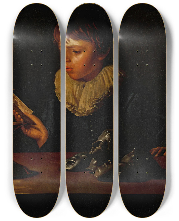 Triptych art skateboard deck of Adam De Coster Boy Behind A Table With Statuettes Reading By Candlelight by Adam De Coster (1586-1643)