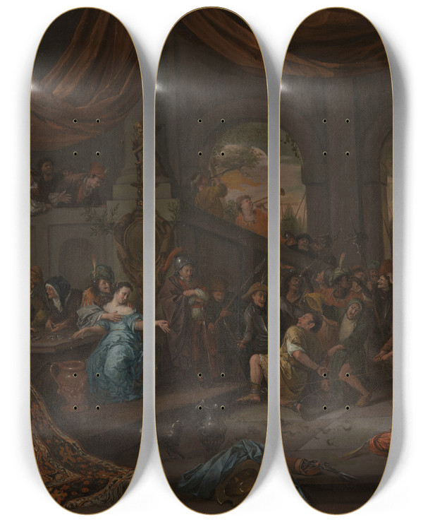 Triptych art skateboard deck of Jan Steen Samson Offended By The Philistines by Jan Steen (1626-1679)