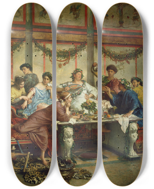 Triptych art skateboard deck of Roberto Bompiani A Roman Feast by Roberto Bompiani (1821-1908)