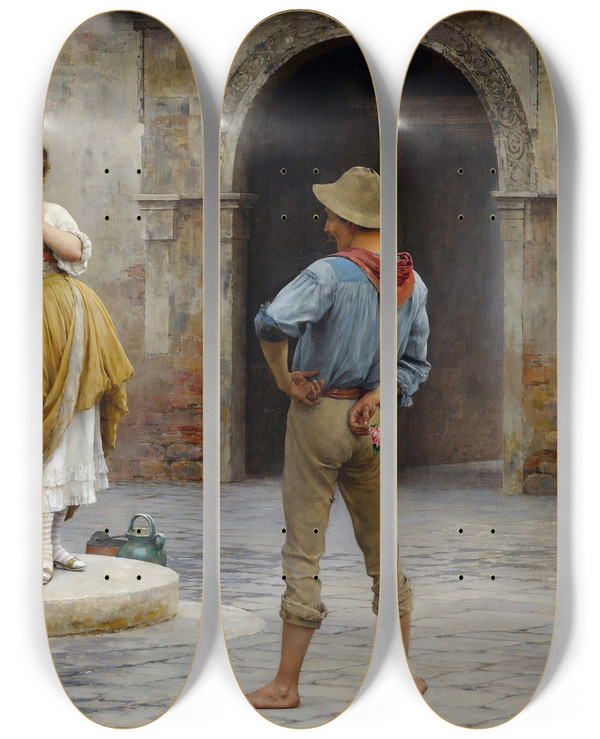 Triptych art skateboard deck of Eugen Von Blaas Flirtation_1 by Eugen Von Blaas (1843-1931)