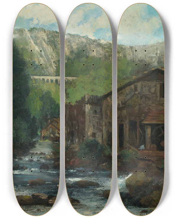 Triptych art skateboard deck of Gustave Courbet A Mill In A Rocky Landscape by Gustave Courbet (1819-1877)