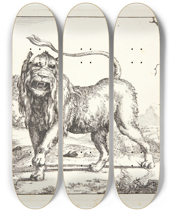 Triptych art skateboard deck of Marcus De Bye Brlende Lve by Marcus de Bye (1638-1688)