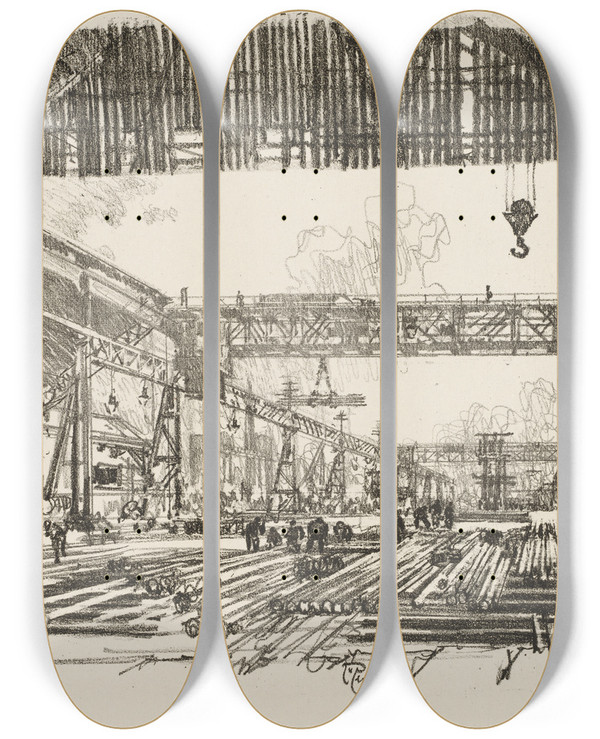 Triptych art skateboard deck of Joseph Pennell Steel Bars For Shells by Joseph Pennell (1857-1926)