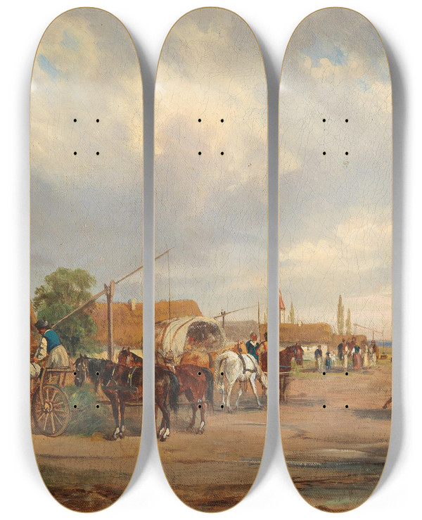 Triptych art skateboard deck of Alfred Steinacker Ungarisches Dorf by Alfred Steinacker (1838-1914)