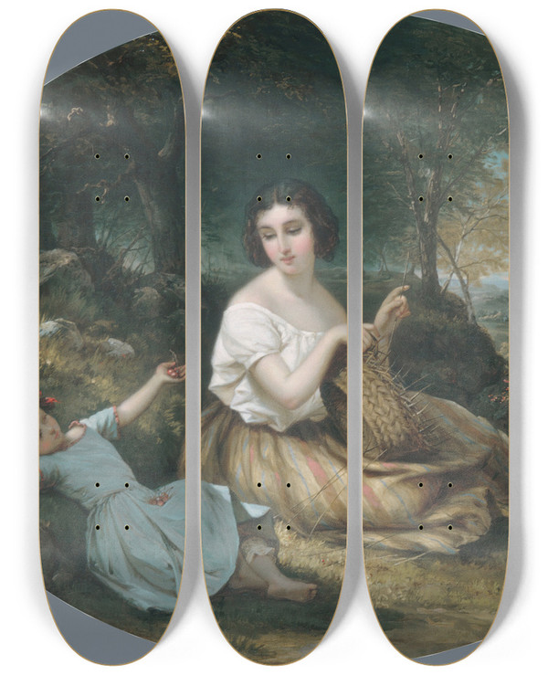 Triptych art skateboard deck of Louis Lang The Basket Maker by Louis Lang (1814-1893)
