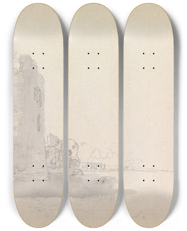 Triptych art skateboard deck of James Moore Flint Castle Wales by James Moore (1762-1799)