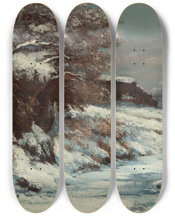 Triptych art skateboard deck of Gustave Courbet Effet De Neige by Gustave Courbet (1819-1877)