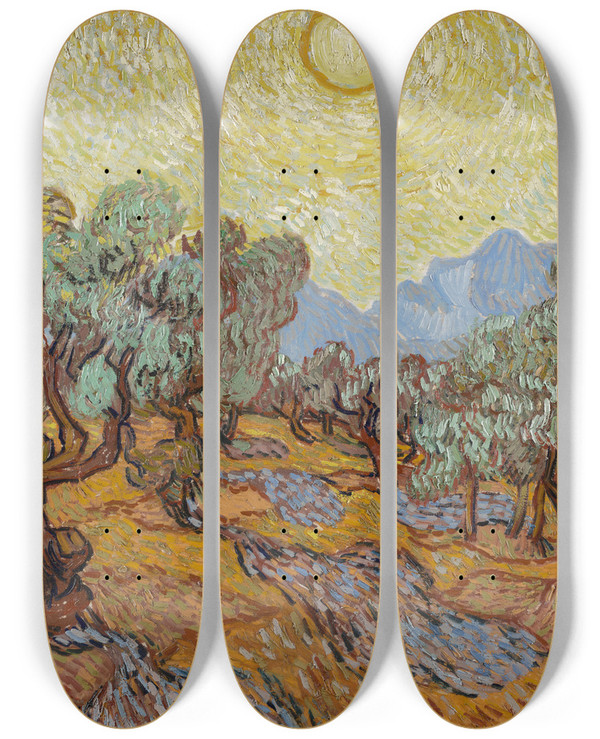 Triptych art skateboard deck of Vincent Van Gogh Olive Trees_2 by Vincent van Gogh (1853-1890)