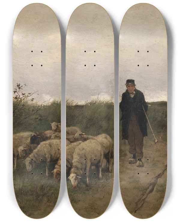 Triptych art skateboard deck of Anton Mauve Shepherd And Sheep by Anton Mauve (1838-1888)