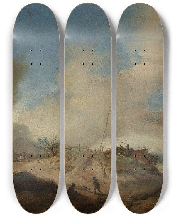 Triptych art skateboard deck of Philips Wouwerman Dune Landscape With A Signal Post by Philips Wouwerman (1619-1668)