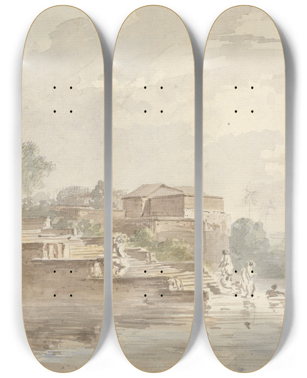 Triptych art skateboard deck of Samuel Davis At Chinsurah Chinsura by Samuel Davis (1757-1819)