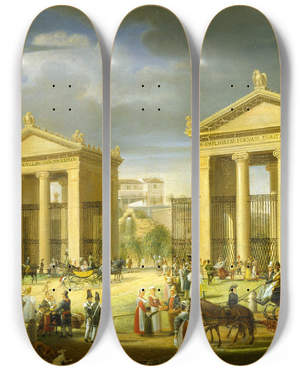 Triptych art skateboard deck of Francesco Diofebi The Approach To The Villa Borghese Rome by Francesco Diofebi (1781-1851)