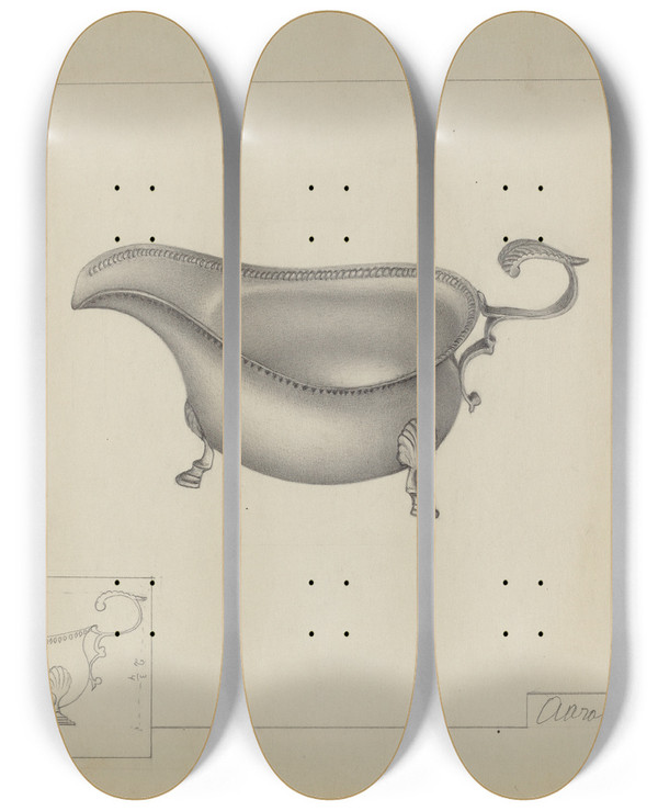 Triptych art skateboard deck of Aaron Fastovsky Silver Sauce Boat by Aaron Fastovsky