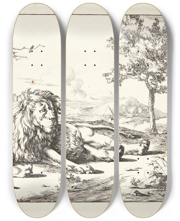Triptych art skateboard deck of Marcus De Bye Liggende Lve Set Forfra by Marcus de Bye (1638-1688)